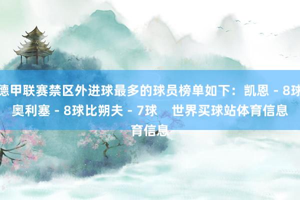 德甲联赛禁区外进球最多的球员榜单如下：凯恩 - 8球奥利塞 - 8球比朔夫 - 7球    世界买球站体育信息
